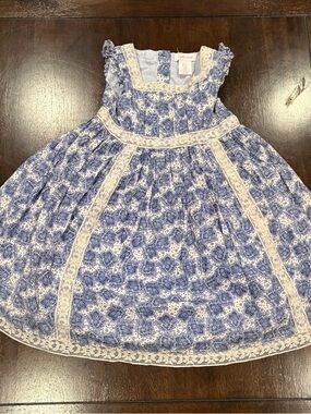 Vintage Lydia Jane Girls Dress Blue White Paisley Lace Trim Cottagecore Size 6